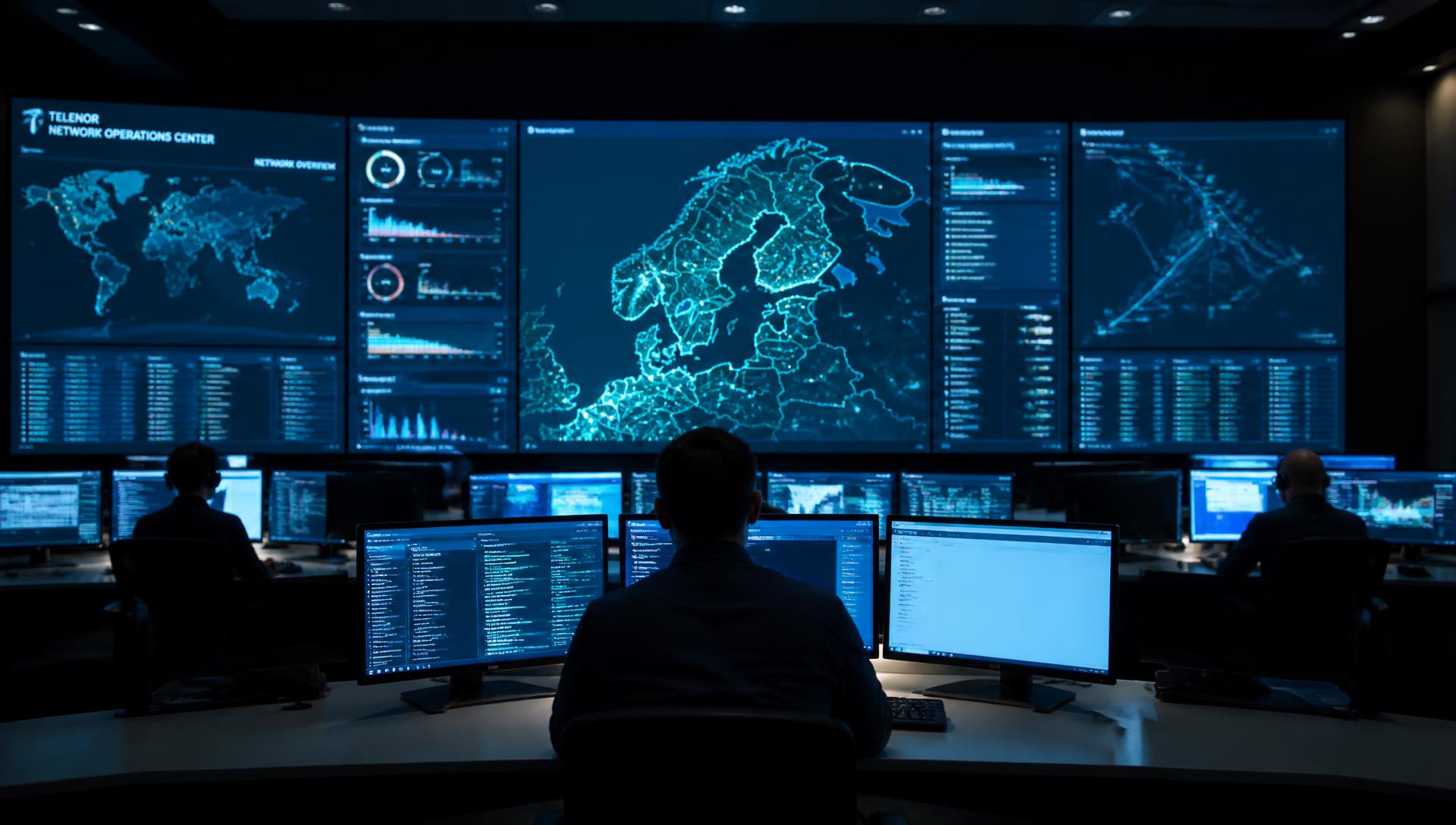 Telecom network operations center with engineers monitoring live network dashboards