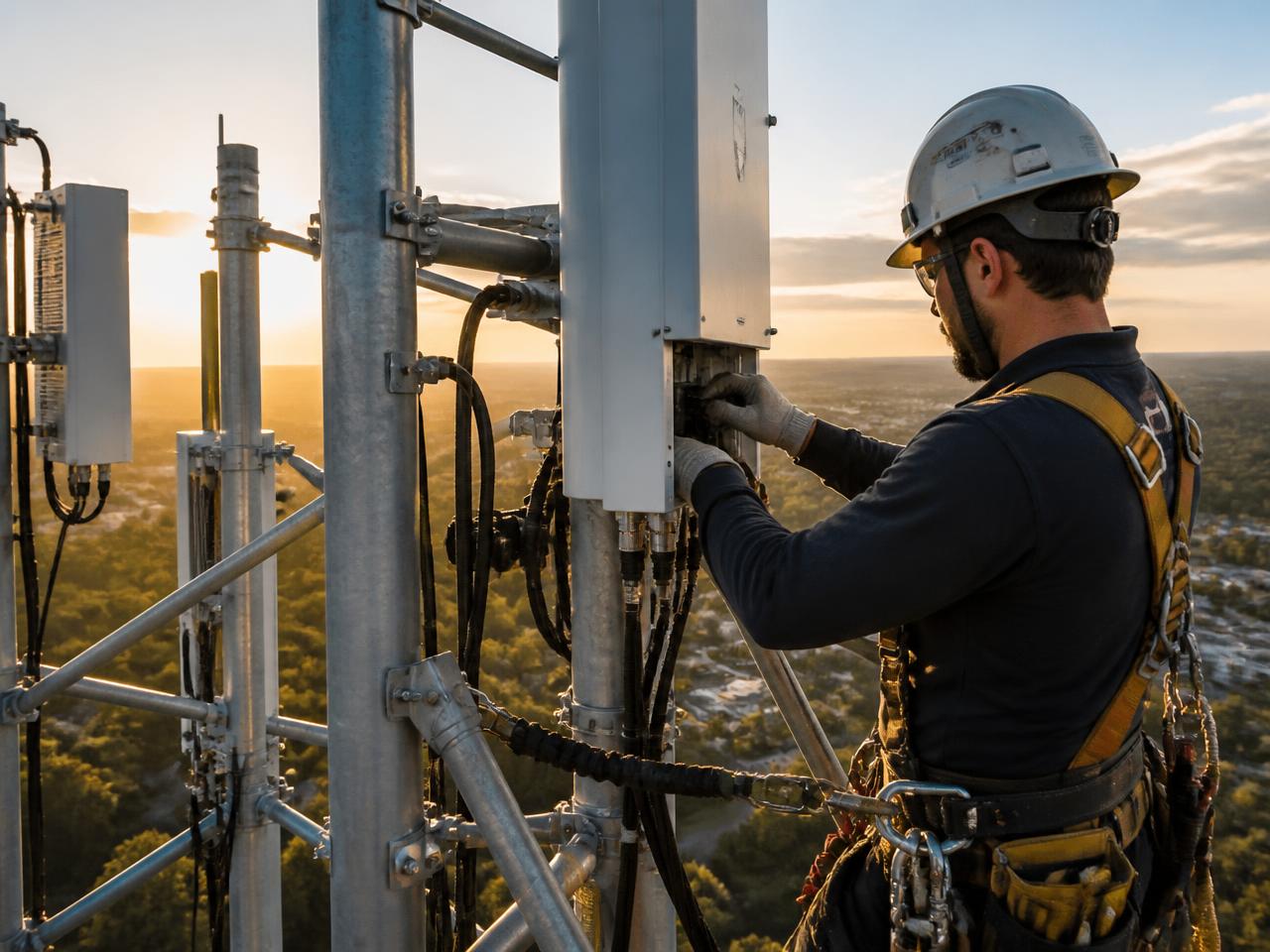 Field technician servicing antennas on a cellular tower at sunset